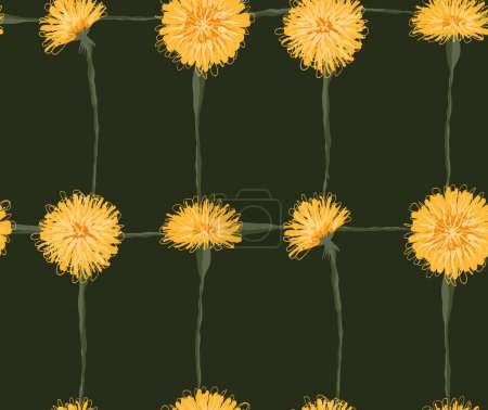 Ilustración de Vector pattern with sketched yellow dandelions in grid on a dark green background. Botanical floral checkered texture for fabrics. Wallpaper with scribble hand drawn taraxacums in netting - Imagen libre de derechos