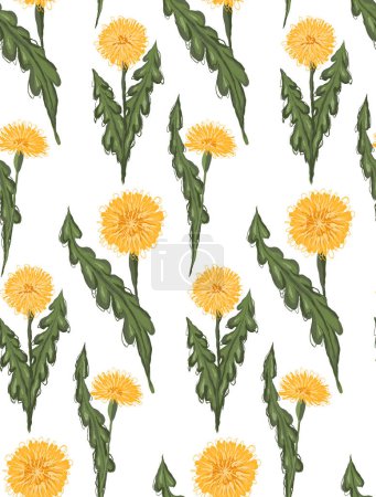 Ilustración de Vector pattern with sketched yellow dandelions with leaves on white background. Botanical scrawl floral texture for fabrics. Wallpaper with scribble taraxacums - Imagen libre de derechos