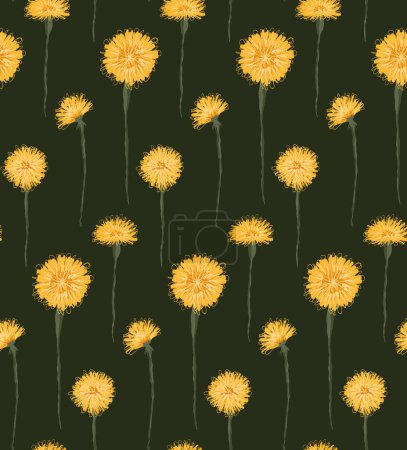 Ilustración de Patrón vectorial con dientes de león amarillo dibujado sobre un fondo verde oscuro. Textura floral botánica para tejidos. Fondos de pantalla con taraxacums garabato - Imagen libre de derechos