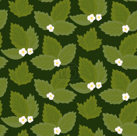 Téléchargez les illustrations : Seamless pattern with cartoon strawberry leaves and flowers on dark green background. Botanical flat hand drawn texture with bunch of foliages and flowers for fabrics and wallpapers - en licence libre de droit