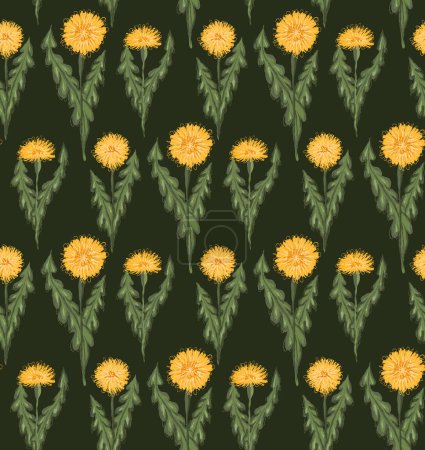 Ilustración de Patrón vectorial con dientes de león amarillos dibujados con hojas en fila sobre fondo verde oscuro. Rastrillo botánico de textura floral para telas. Fondos de pantalla con azulejo de taraxacums garabato - Imagen libre de derechos