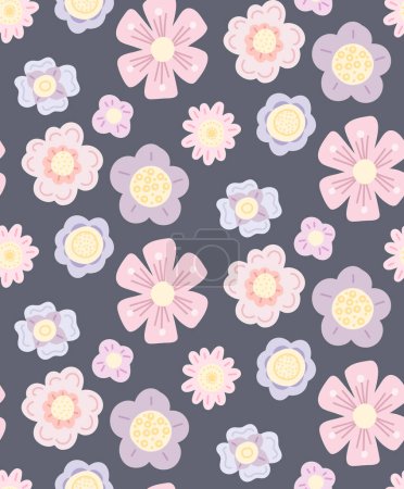 Téléchargez les illustrations : Delicate vector pattern with simple hand drawn flowers on a dark violet background. Flat cartoon pastel floral texture for nursery fabrics and wallpapers. Tender ditsy background. - en licence libre de droit