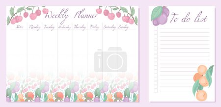 Illustration for Vector set of tender child day organization templates with berry pattern. Weekly planner and to do list with peach, plum and cherry. Gentle setting tasks for the day and for the week - Royalty Free Image