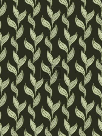 Téléchargez les illustrations : Vector pattern with vertical stripes made of contour foliage on dark green background. Botanical texture with doodle hand drawn leaves. Natural wallpaper and fabric with stems - en licence libre de droit