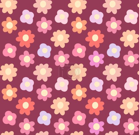 Téléchargez les illustrations : Pattern with gentle simple hand drawn flowers in row on dark pink background. Vector tender cartoon ditsy background. Naive pastel floral texture for childrens fabrics and wallpapers - en licence libre de droit