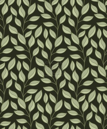 Téléchargez les illustrations : Pattern with intertwined branches with foliage on dark green background. Vector herbal texture with doodle hand drawn leaves and stems. Natural wallpaper and fabric with weave stalks - en licence libre de droit
