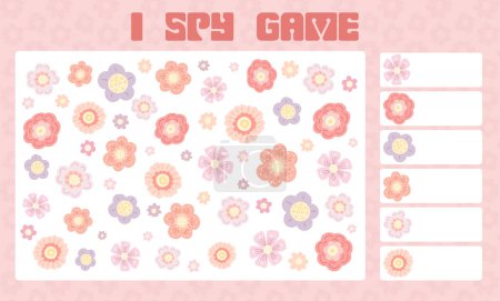 Illustration for I spy game. Childrens educational fun. Count how many bloom elements. Flat hand drawn gentle flower. Vector groovy floral template for preschool games. - Royalty Free Image