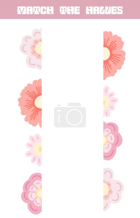 Illustration for Vector worksheet template for preschool lessons. Find right half for flowers. Match the halves. Children educational game. Template with cartoon naive flowers - Royalty Free Image