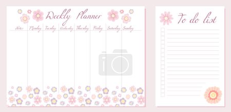Illustration for Vector set of tender child day organization templates with simple floral decorations. Weekly planner and to do list with cartoon ditsy pattern. Gentle setting tasks for the day and for the week - Royalty Free Image