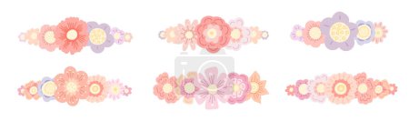 Illustration for Vector set of floral text dividers in pastel colors. A horizontal divider made from wreaths of delicate flowers. Hand drawn flat natural design element. - Royalty Free Image