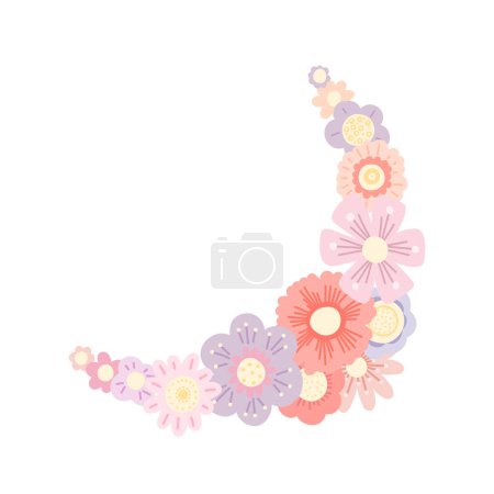 Ilustración de Vector floral semicircular frame in pastel colors and copy space. Round border made of naive delicate flowers and place for text. Cartoon hand drawn natural design element for invitation and card. - Imagen libre de derechos