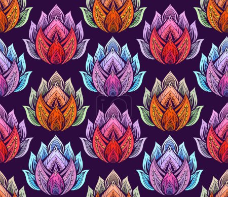 Illustration for Vector seamless pattern with neon color tribal lotuses on violet background. Mystical tracery floral texture for fabric. Sacred colorful wallpaper with water lilies with native ornaments. - Royalty Free Image