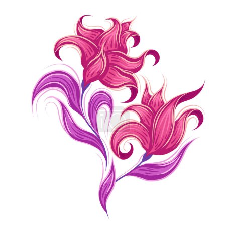 Ilustración de Ilustración vectorial de fabulosas flores de color rosa rizado. Hada rosa amapola con hojas violetas. Fantástica imagen floral aislada de fondo blanco para tarjetas y pegatinas - Imagen libre de derechos
