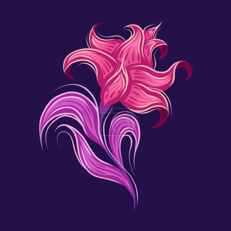 Ilustración de Vector illustration of fairy tale curled pink flower. Fabulous sketch pink poppy with violet leaves on purple background. Fantastic floral image for cards and stickers - Imagen libre de derechos