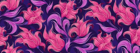 Téléchargez les illustrations : Modèle vectoriel avec de fabuleuses fleurs roses bouclées. Fantastique texture florale sur fond violet foncé pour fonds d'écran et tissus - en licence libre de droit