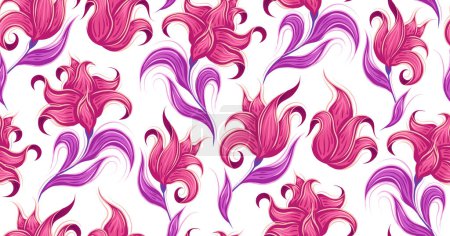 Illustration for Fantastic floral texture on white background. Fairy tale blossom background. Vector pattern with sketched fabulous curled pink flowers and violet stems with foliage for wallpapers and fabrics. - Royalty Free Image