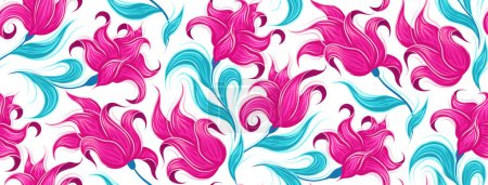Téléchargez les illustrations : Vector neon pattern with fabulous curled pink flowers. Fairy tale blossom background. Fantastic floral texture on white background for wallpapers and fabrics - en licence libre de droit