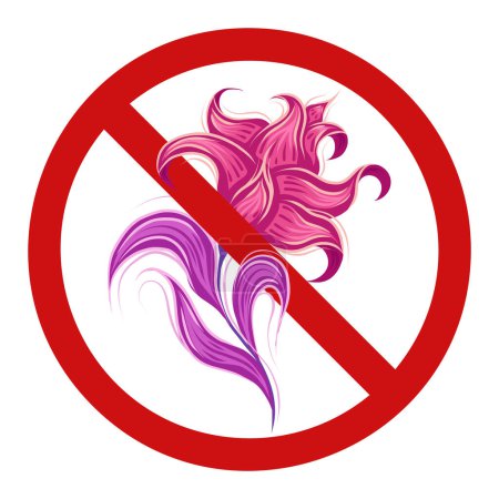 Illustration for Vector forbidden sign with fabulous curled pink flowers. Dont pick flowers. Prohibited badge with fairy pink poppy with violet leaves. Rare fantastic floral image in ban. - Royalty Free Image