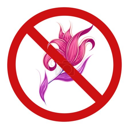 Téléchargez les illustrations : Vector forbidden sign with fabulous curled pink flowers. Prohibited badge with fairy pink poppy with violet leaves. Dont pick flowers. Rare fantastic floral image in ban. - en licence libre de droit