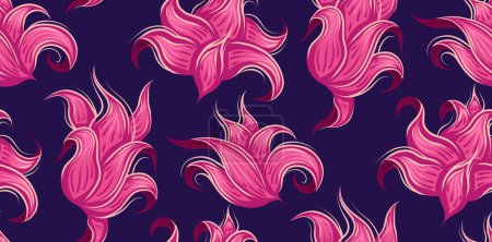 Illustration for Fantastic sketch floral texture on dark purple background. Vector pattern with fabulous curled pink flowers heads for wrapping paper, wallpapers and fabrics - Royalty Free Image
