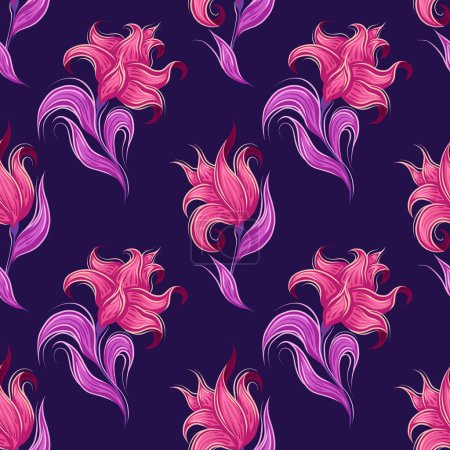 Téléchargez les illustrations : Vector pattern with fabulous sketch pink flowers, foliage and stems in row. Fantastic curled floral texture on violet background for wallpapers and fabrics. Fairy tale blossom backdrop - en licence libre de droit