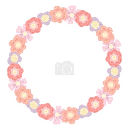 Téléchargez les illustrations : Vector floral gentle frame in pastel colors with space for text. Round wreath of delicate naive flowers and copy space. Template for invitations and postcards - en licence libre de droit
