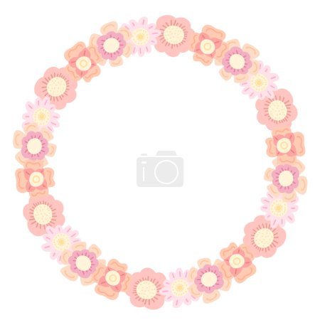 Téléchargez les illustrations : Round wreath of delicate naive flowers and copy space. Floral gentle frame in pastel colors with space for text. Template for invitations and postcards - en licence libre de droit