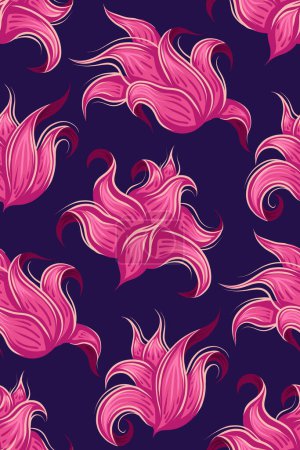 Illustration for Vector pattern with fabulous curled pink flowers heads. Fantastic floral texture on dark purple background for wallpapers and fabrics - Royalty Free Image