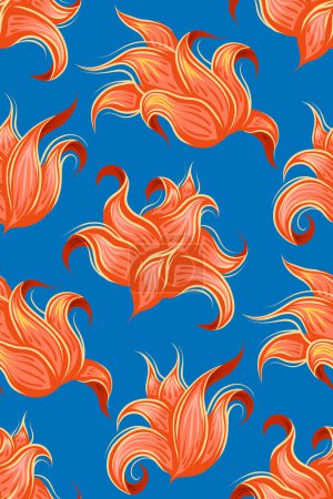 Ilustración de Vector pattern with sketch fairy tale orange flowers heads. Fabulous blossom background. Fantastic curled floral texture on blue background for wallpapers and fabrics - Imagen libre de derechos