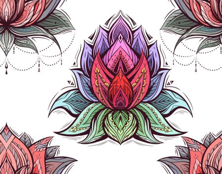 Illustration for Sacred colorful wallpaper with contour water lilies with native ornaments. Vector seamless pattern with color tribal lotuses on white background. Mystical tracery floral texture for fabric. - Royalty Free Image