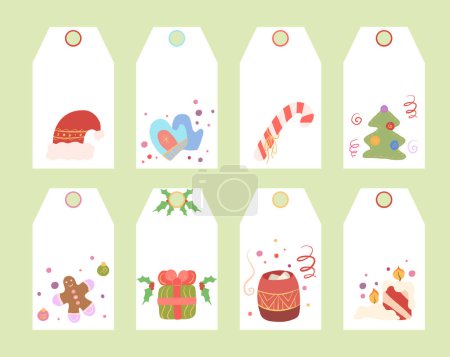 Illustration for Vector set of festive tags with elements for the new year. Christmas Eve. label template with Christmas tree, Santa hat, gift and sweet for place for text. Flat tabs isolated from background - Royalty Free Image