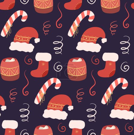 Illustration for Background with red hand drawn new year hats, treats and sock on violet background. Vector seamless Christmas pattern. Festive texture for wallpaper, fabrics and your creativity - Royalty Free Image