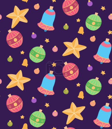Ilustración de Vector seamless Christmas pattern on violet background. Wallpaper with flat hand drawn cartoon new year toys - balls, bells and stars. Festive texture for wrapping paper and fabrics - Imagen libre de derechos