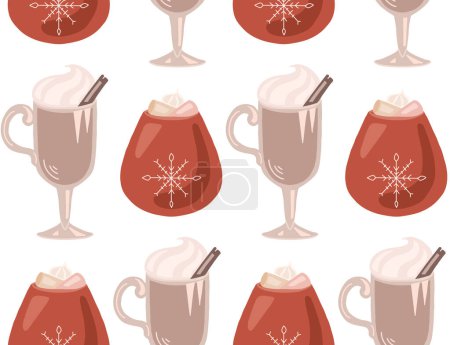 Téléchargez les illustrations : Wallpaper with flat hand drawn cups with eggnog and chocolate. Vector seamless Christmas pattern with holiday beverages. Festive texture for backgrounds, fabrics and your creativity - en licence libre de droit