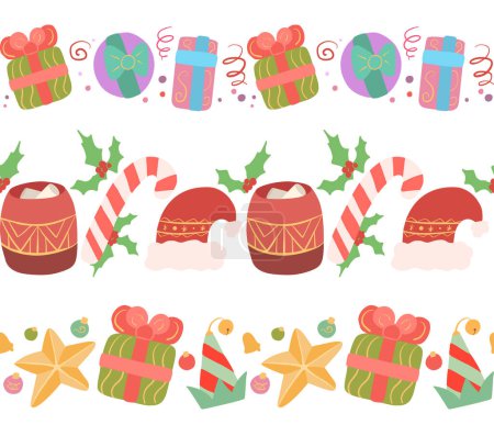 Illustration for Vector set of seamless festive borders. Frame with candles, santa hat and sock, christmas gifts, decoration and confetti. Christmas element for cards, invitations and your creativity - Royalty Free Image