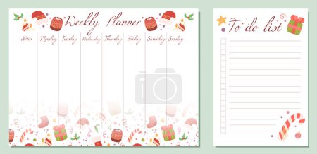 Illustration for Vector festive set of child day organization templates with Christmas decorations. Weekly planner and to do list withgifts, santa hats. Holiday setting tasks for the day and for the week - Royalty Free Image