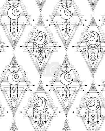 Ilustración de Patrón geométrico místico. Textura vectorial con símbolos ocultos con estrellas y media luna. Contorno sacro fondo monocromo para papel de regalo - Imagen libre de derechos