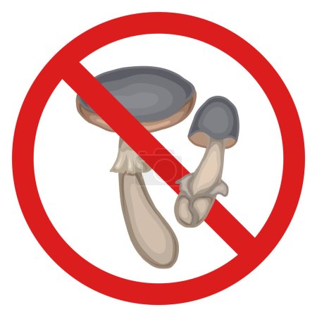 Illustration for Prohibition sign with poisonous mushroom. Vector hand drawn gray amanita in the prohibition sign. Do not eat or pick mushrooms. Danger of being poisoned and grebe intoxication - Royalty Free Image