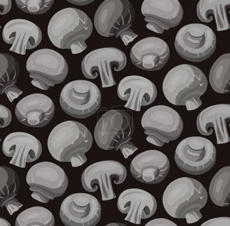 Illustration for Seamless monochrome pattern of flat hand drawn champignon mushrooms on gray background. Healthy vegetarian food. Vector cartoon faded texture for wallpaper, fabric and your creativity. - Royalty Free Image