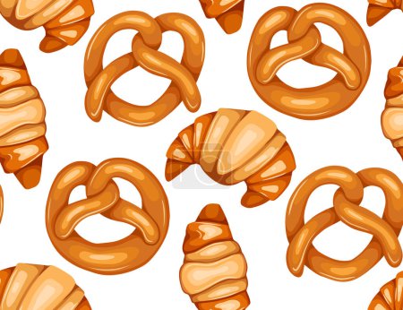 Illustration for Vector texture with German and French bakery treats. Seamless pattern with cartoon hand drawn pretzels and croissants on white background. Backdrop with buns for wallpapers, wrapping paper - Royalty Free Image