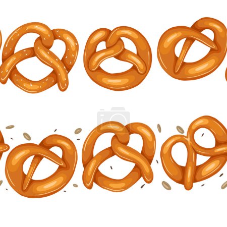 Illustration for Set of seamless borders with pretzels. Vector frieze with German bakery treats for frames and brush samples - Royalty Free Image