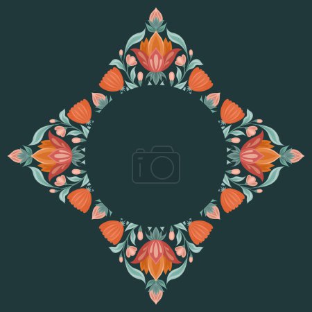 Illustration for Vector frame with folk art geometric floral mandala and place for text on a dark green background. Round botanical template with decorative flowers and copy space. Postcard with symmetrical plants - Royalty Free Image