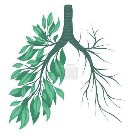 Illustration for Vector human halved lungs from leaves and withered branches. Disease natural air. Save the earth and the environment. Concept art of illness lungs isolated from background. - Royalty Free Image