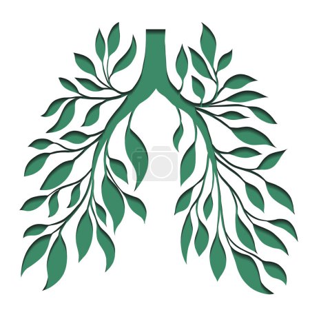 Ilustración de Logotipo vectorial con papel cortado pulmones humanos de hojas y ramas. Salvar la tierra y el medio ambiente. Silueta 3d de órgano humano sano con sombra. Aire natural limpio - Imagen libre de derechos
