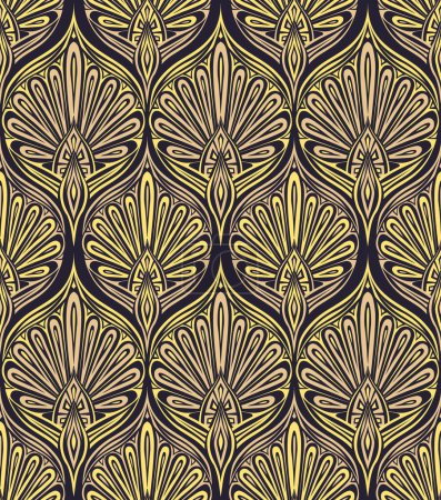 Illustration for Vector luxury vintage pattern. Tracery yellow damask ornament in net on a dark background. Floral rococo scale texture for fabrics and wallpapers. - Royalty Free Image