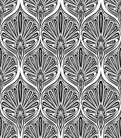 Illustration for Vector monochrome vintage pattern. Black silhouette tracery damask ornament in net on white background. Floral rococo scale texture for fabrics and wallpapers. - Royalty Free Image