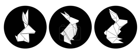 Téléchargez les illustrations : Ensemble de badge vectoriel avec lapins origami contour. Cercles à contours polygonaux lièvres isolés de l'arrière-plan. Symbole du Nouvel An chinois. Zoo en papier. Élément pour logo, icône et infographie - en licence libre de droit