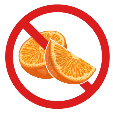 Téléchargez les illustrations : Panneau vectoriel interdit avec orange pour autocollants et badges. Ne mangez pas d'agrumes. Danger d'allergie. La cueillette des fruits est interdite. - en licence libre de droit