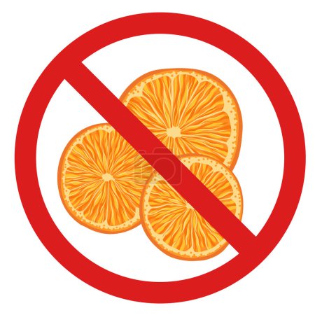 Ilustración de Señal vectorial prohibida con rodajas de naranja para pegatinas e insignias. No coma cítricos. Peligro alimentario alérgico. Recoger fruta está prohibido. - Imagen libre de derechos