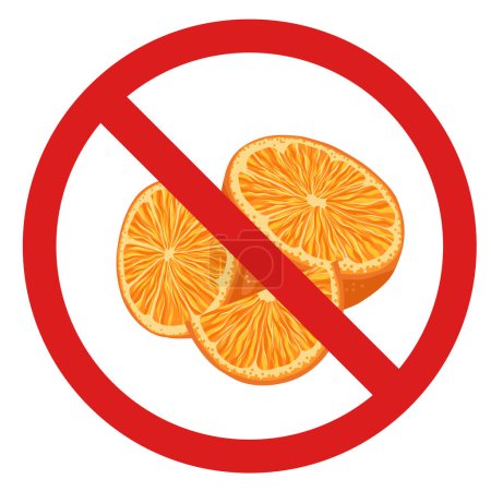 Illustration for Forbidden sign with orange for stickers and badges. Do not eat citrus. Vector banner allergy danger. Picking fruit is prohibited. - Royalty Free Image